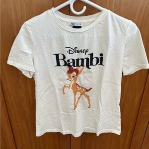 Disney by Zara Bambi Embroidered Women's Medium Tee - White and Brown